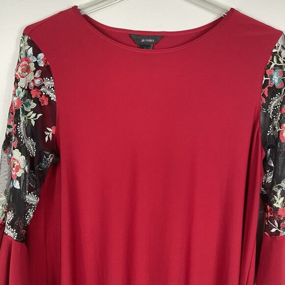 Ali Miles Tunic Top Size Large Red Embroidered Sheer Sleeve Boho Party Career - Picture 6 of 8